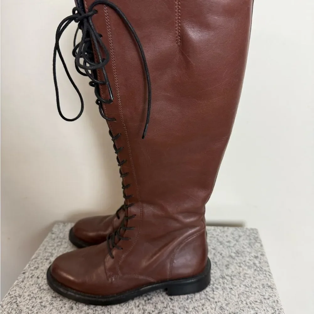 SAM EDELMAN Womens Tall Brown Logo Nance Round Toe Block Heel Leather Boots 5